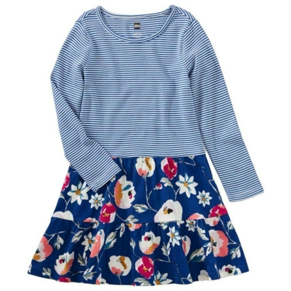 Tea Collection Girl's Size 5 Blue White Striped Floral Tiered Skirt Dress